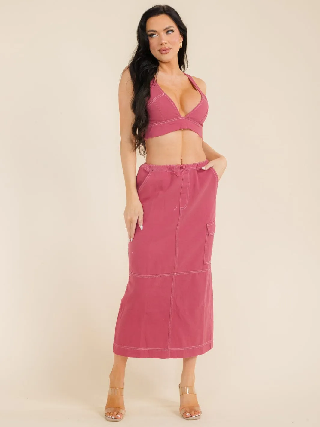 WOMEN'S SLEEVELESS CROP TOP & ADJUSTABLE WAIST MAXI SKIRT DENIM 2PC SETS