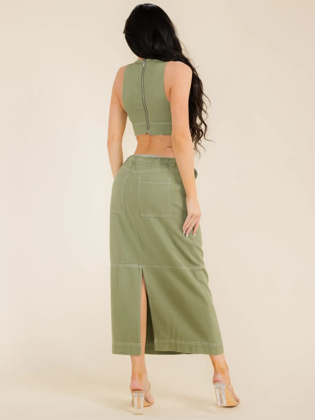 WOMEN'S SLEEVELESS CROP TOP & ADJUSTABLE WAIST MAXI SKIRT DENIM 2PC SETS