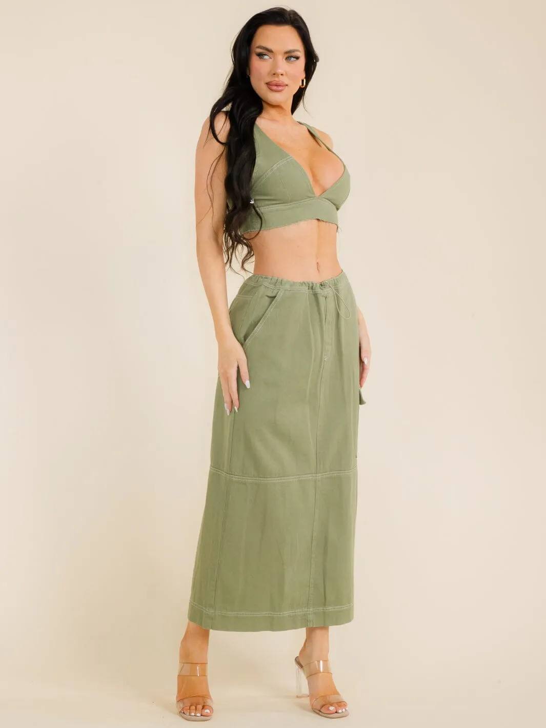 WOMEN'S SLEEVELESS CROP TOP & ADJUSTABLE WAIST MAXI SKIRT DENIM 2PC SETS