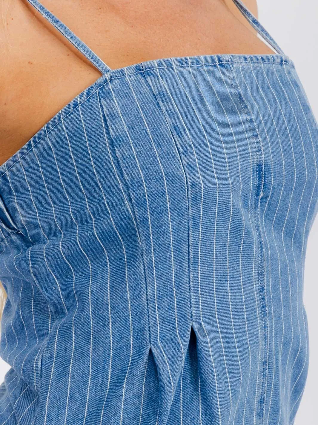 WOMENS' SLEEVELESS FRONT POCKETS STRIPES WIDE LEG DENIM JUMPSUIT