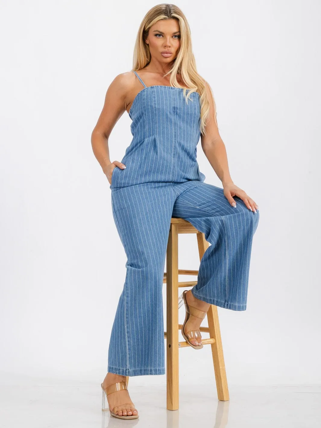 WOMENS' SLEEVELESS FRONT POCKETS STRIPES WIDE LEG DENIM JUMPSUIT