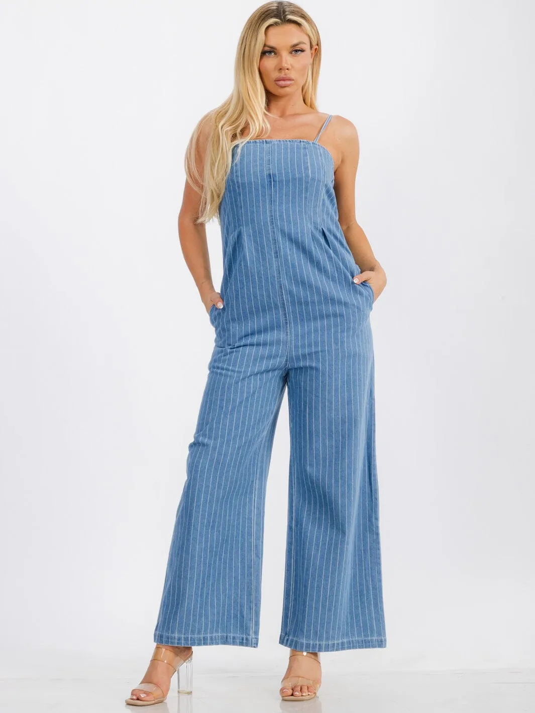 WOMENS' SLEEVELESS FRONT POCKETS STRIPES WIDE LEG DENIM JUMPSUIT