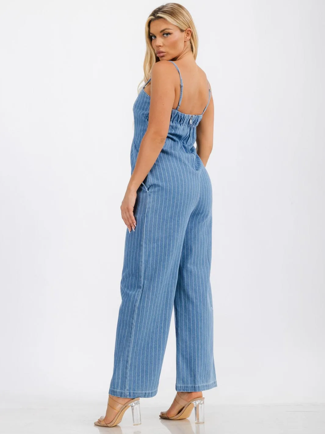 WOMENS' SLEEVELESS FRONT POCKETS STRIPES WIDE LEG DENIM JUMPSUIT