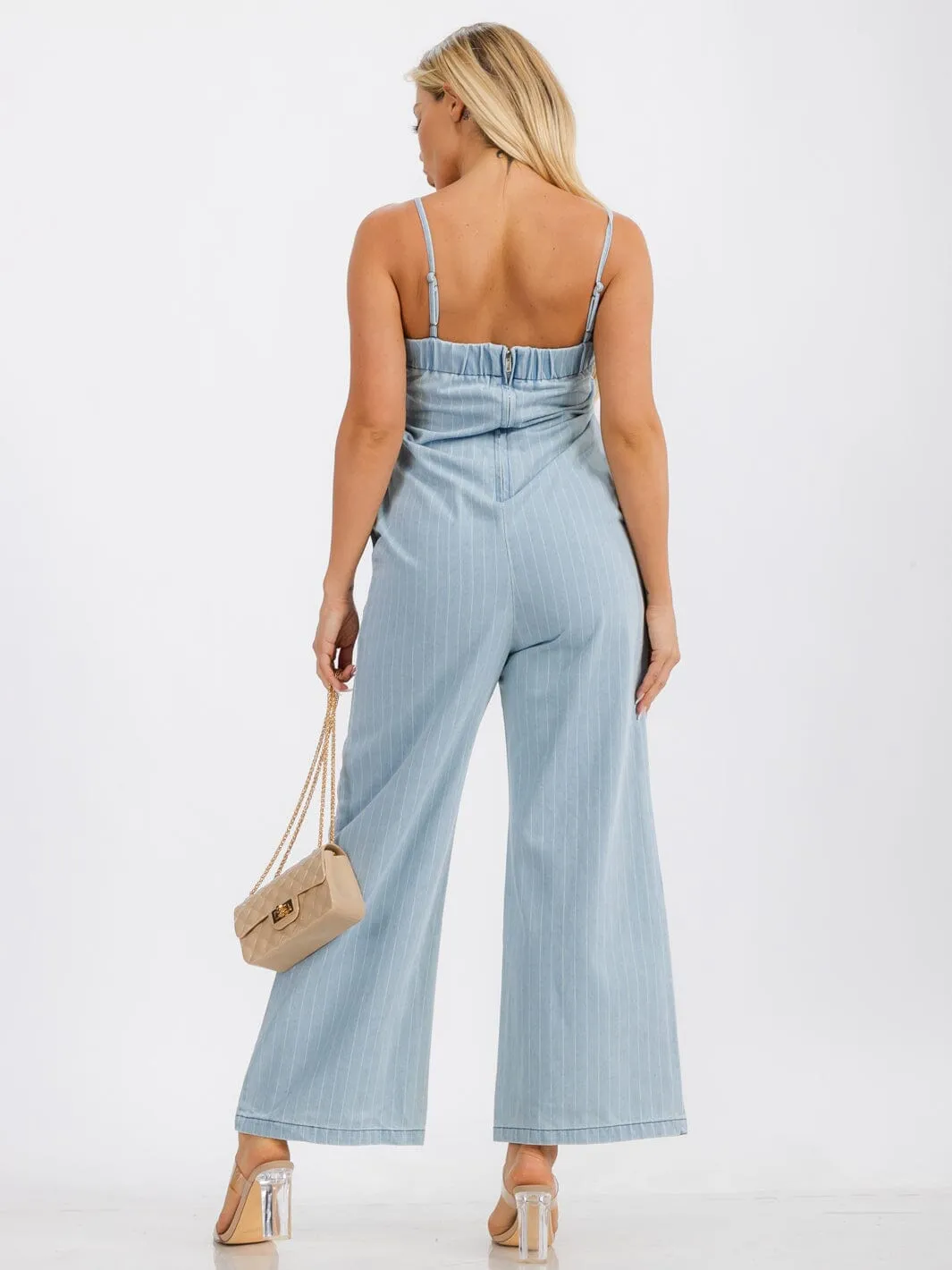 WOMENS' SLEEVELESS FRONT POCKETS STRIPES WIDE LEG DENIM JUMPSUIT