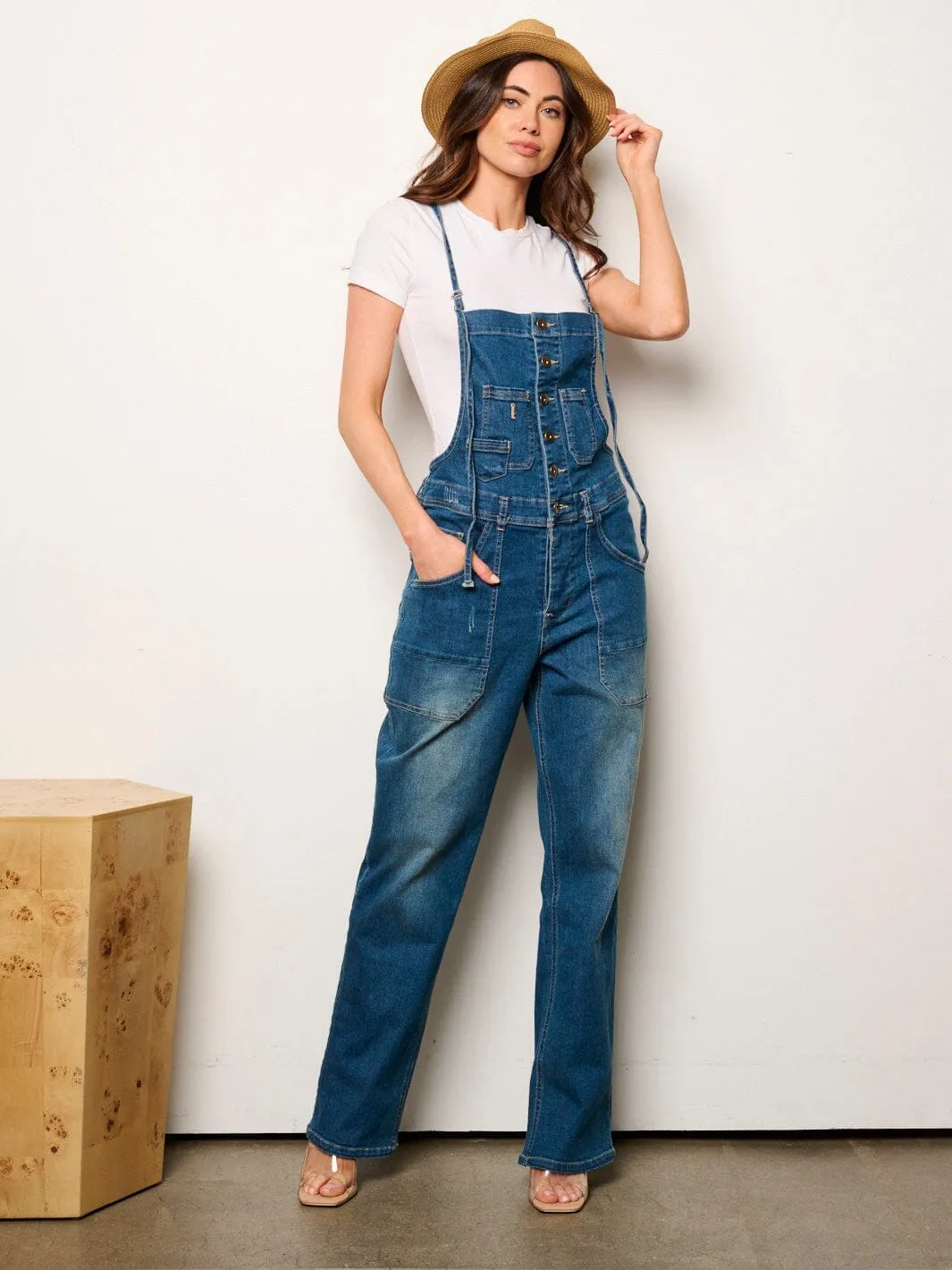 WOMEN'S SLEEVELESS POCKETS WIDE LEG DENIM OVERALL
