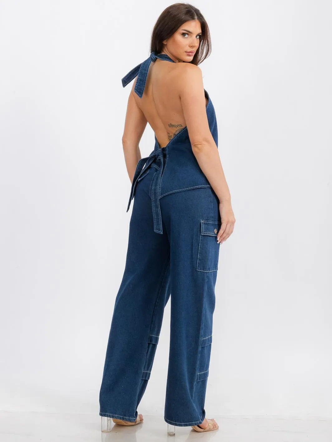 WOMEN'S SLEEVELESS TOP & BUTTON CLOSURE PANTS DENIM 2PC.SET