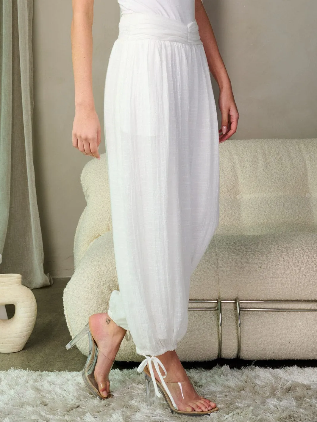 WOMEN'S SMOCK WAIST SELF TIE LEGS PANTS