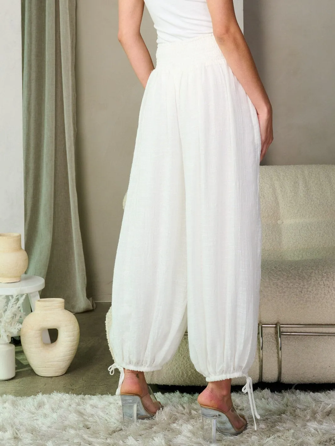 WOMEN'S SMOCK WAIST SELF TIE LEGS PANTS