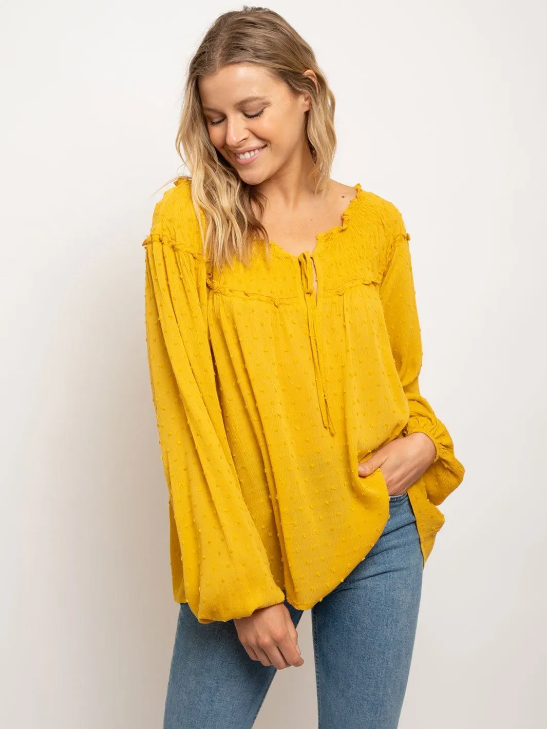 WOMEN'S SMOCKED COLLAR LONG SLEEVE TOP