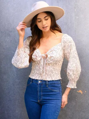 WOMEN'S SMOCKED FLORAL LONG SLEEVE CROP TOP
