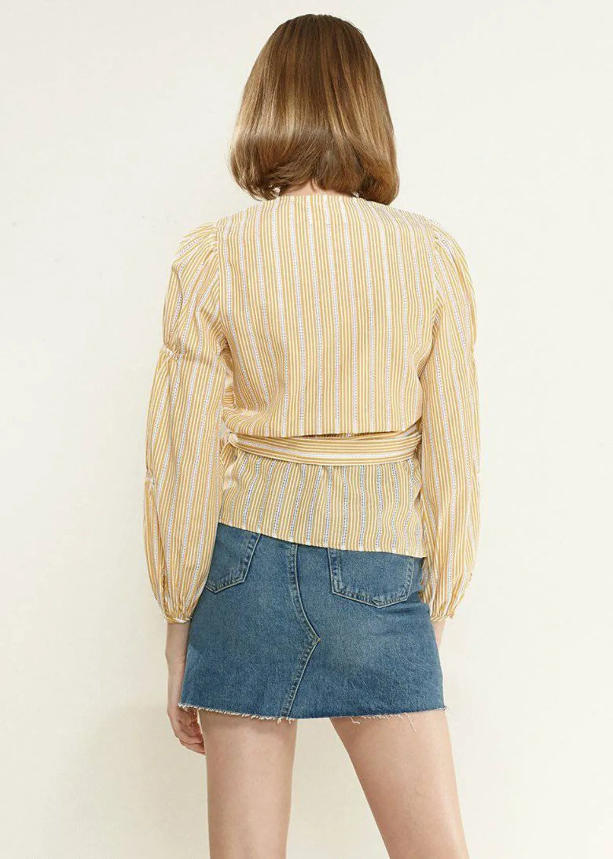Women's Smocked Sleeve Stripe Wrap Blouse in Yellow