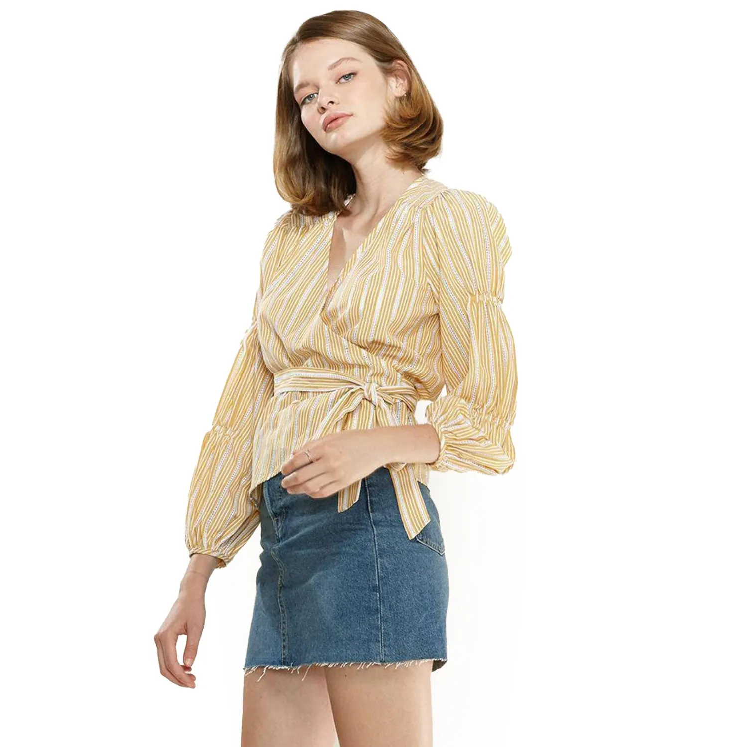 Women's Smocked Sleeve Stripe Wrap Blouse in Yellow