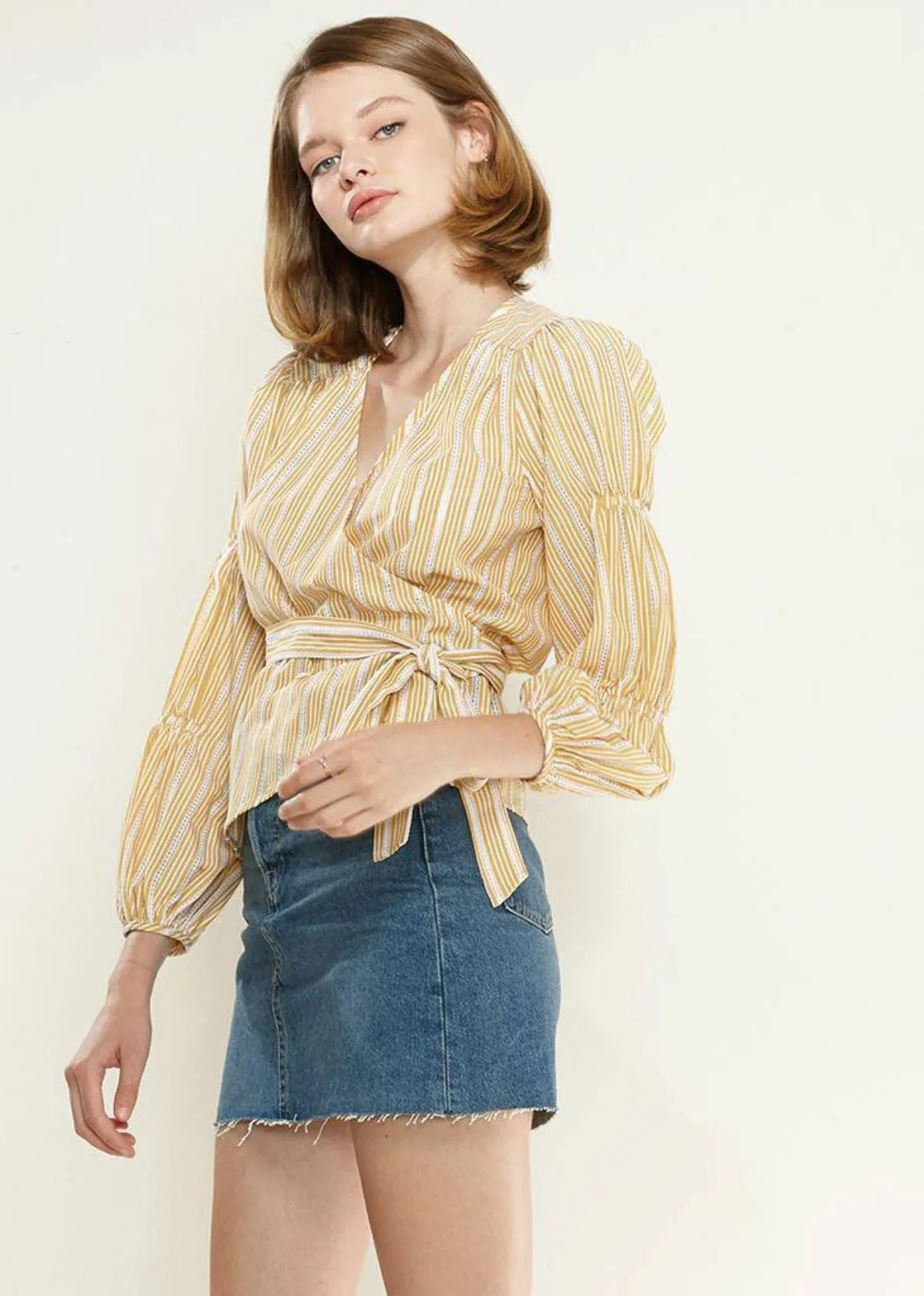 Women's Smocked Sleeve Stripe Wrap Blouse in Yellow