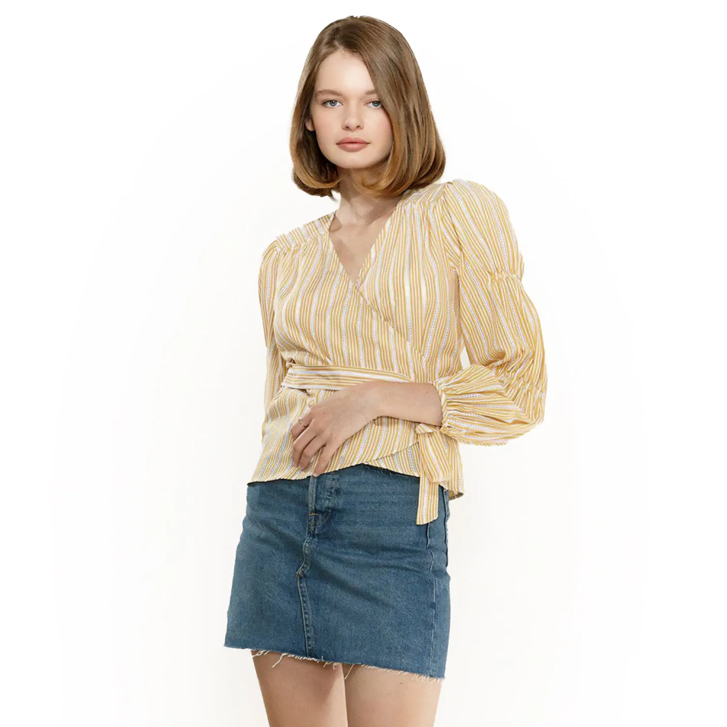 Women's Smocked Sleeve Stripe Wrap Blouse in Yellow