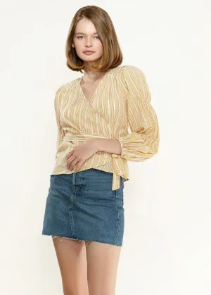 Women's Smocked Sleeve Stripe Wrap Blouse in Yellow
