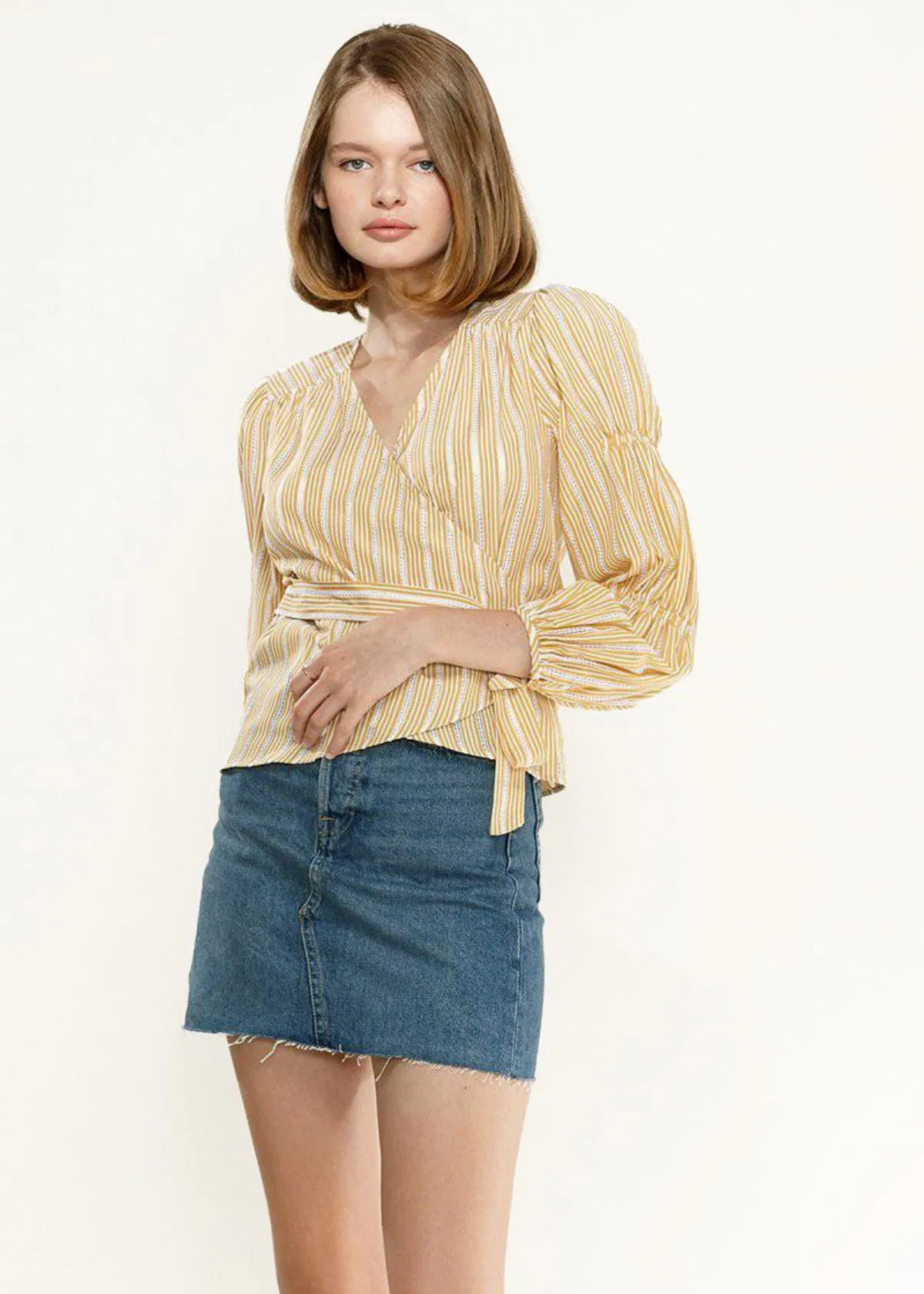 Women's Smocked Sleeve Stripe Wrap Blouse in Yellow