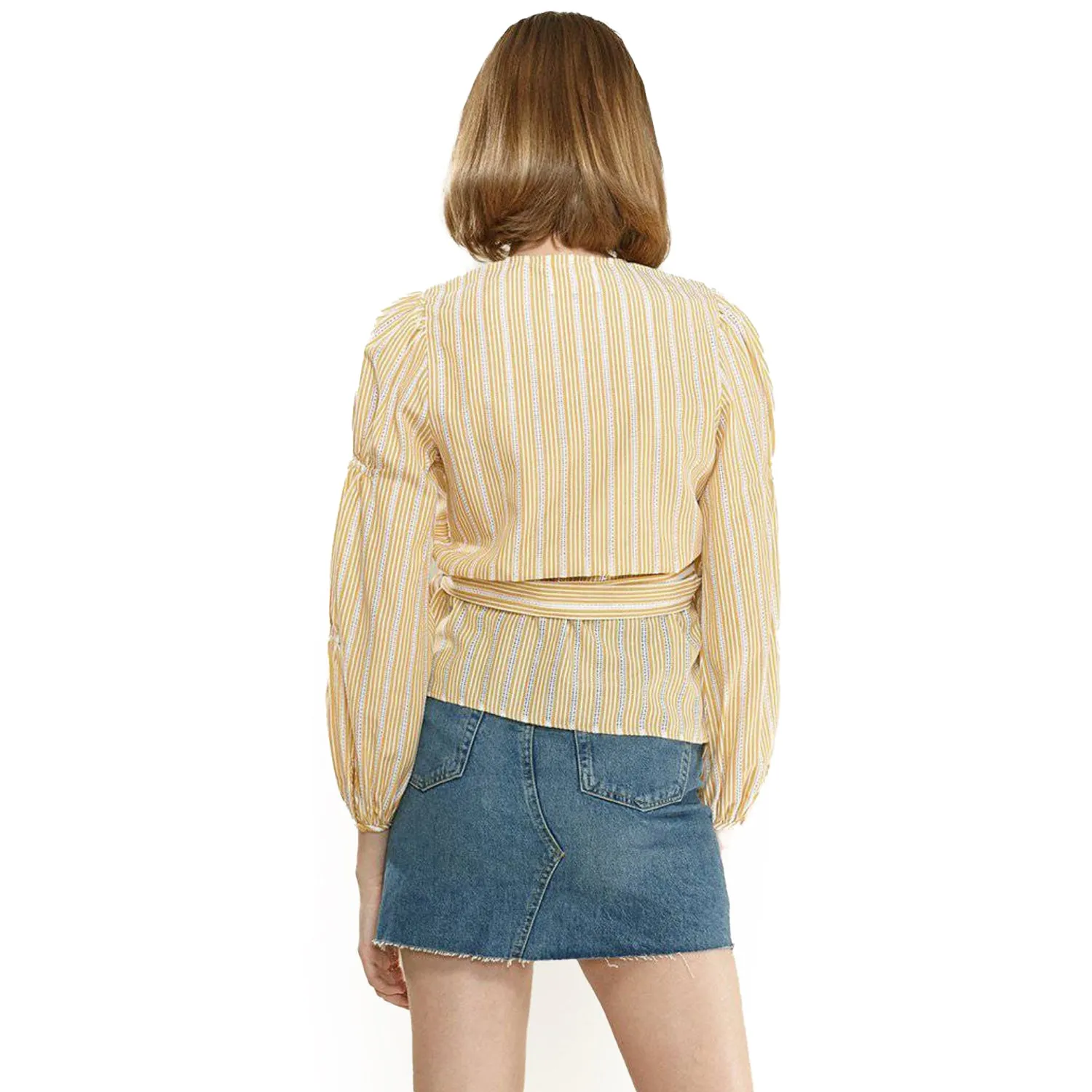 Women's Smocked Sleeve Stripe Wrap Blouse in Yellow