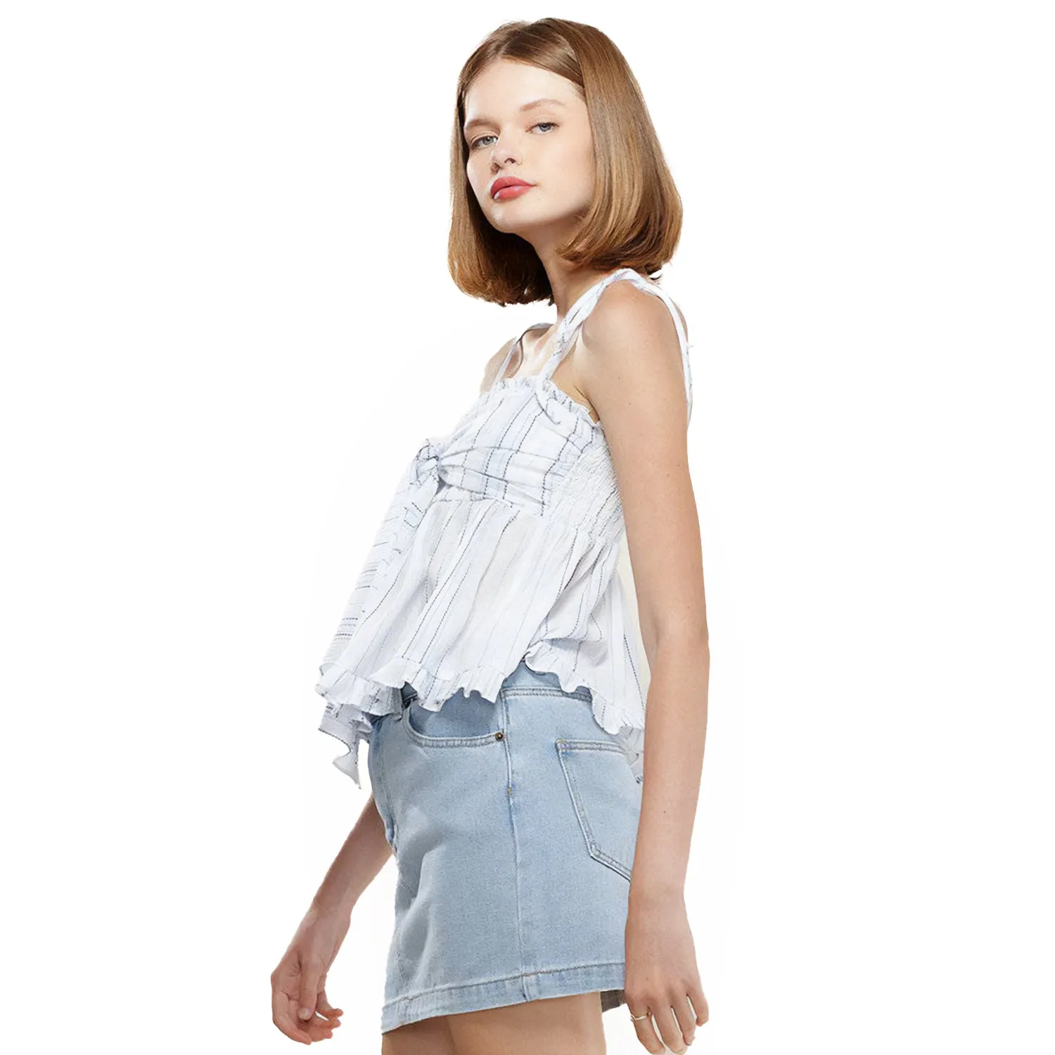 Women's Tie Front Flared Cami Blouse in Oceanstripe