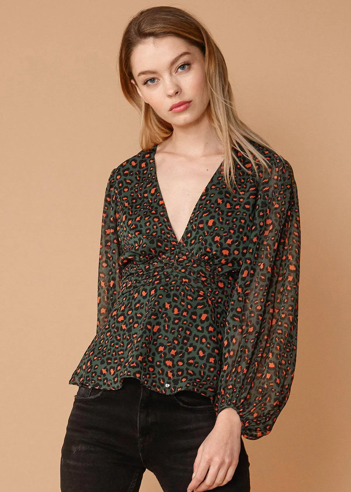 Women's V-neck Puff Sleeve Blouse in Leopard Hunt
