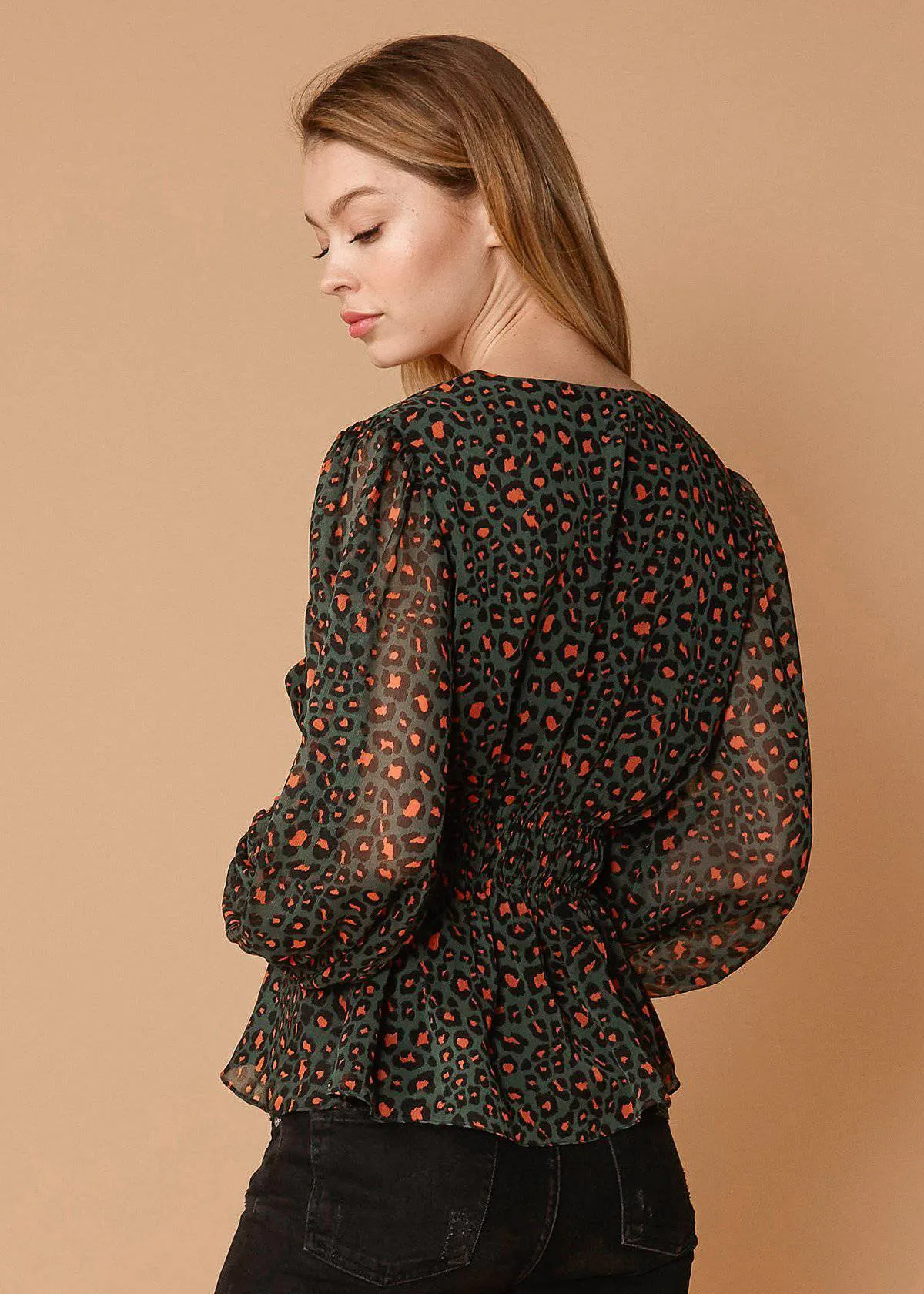 Women's V-neck Puff Sleeve Blouse in Leopard Hunt