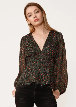 Women's V-neck Puff Sleeve Blouse in Leopard Hunt