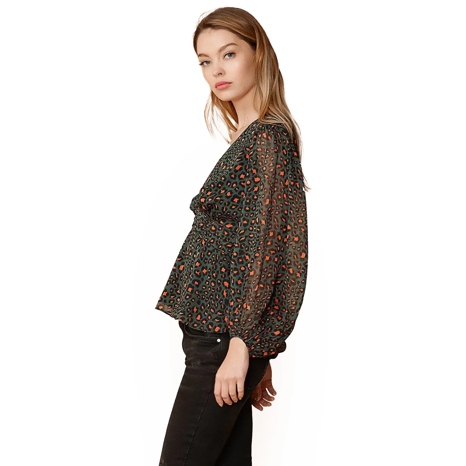 Women's V-neck Puff Sleeve Blouse in Leopard Hunt
