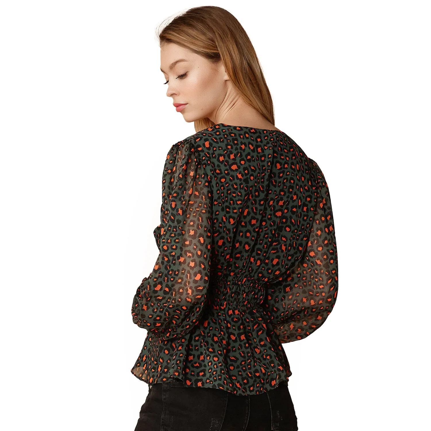 Women's V-neck Puff Sleeve Blouse in Leopard Hunt