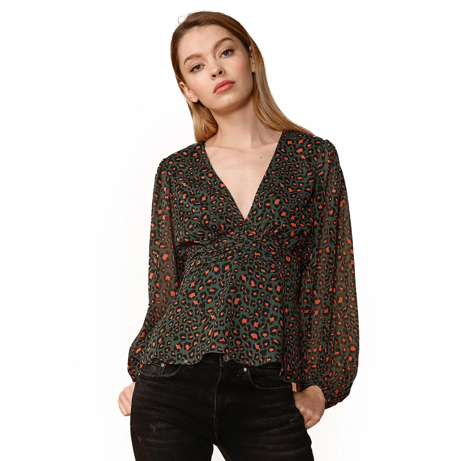 Women's V-neck Puff Sleeve Blouse in Leopard Hunt