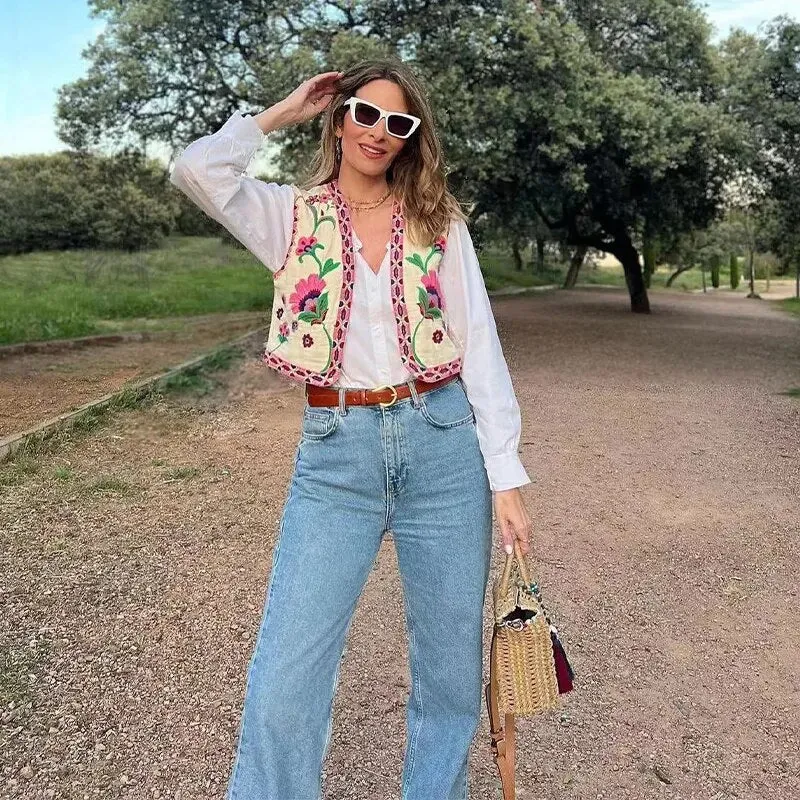 Women's Vintage Floral Embroidered Vest Waistcoat Vests Traditional Costume Vintage Floral Boho Open Blazer