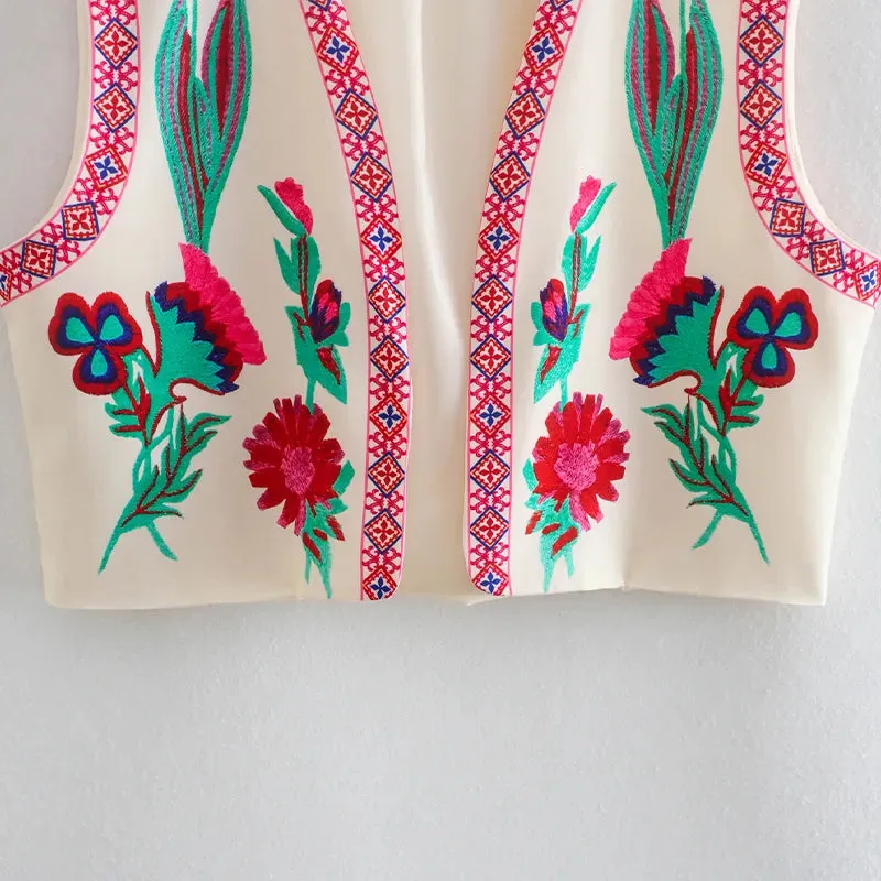 Women's Vintage Floral Embroidered Vest Waistcoat Vests Traditional Costume Vintage Floral Boho Open Blazer