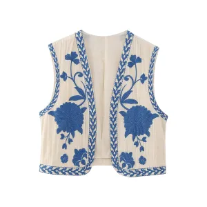 Women's Vintage Floral Embroidered Vest Waistcoat Vests Traditional Costume Vintage Floral Boho Open Blazer