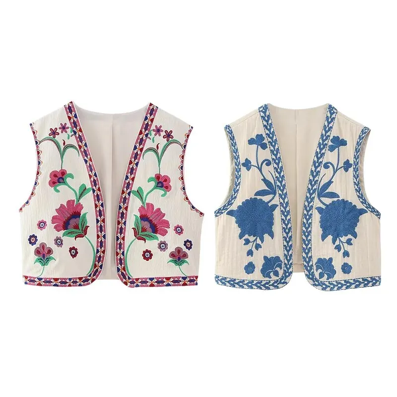 Women's Vintage Floral Embroidered Vest Waistcoat Vests Traditional Costume Vintage Floral Boho Open Blazer