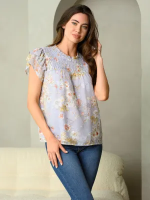 WOMEN'S YOKE BLOUSE WITH SMOCKING NECK DETAIL SHORT RUFFLE SLEEVE TOP