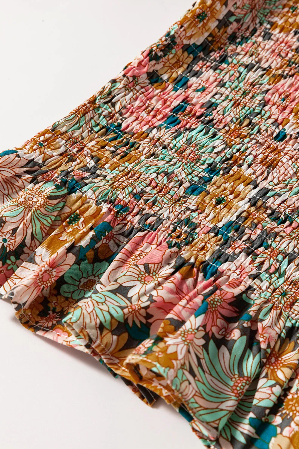 Yellow Floral Print Smocked Bubble Sleeve Ruffled Crop Top