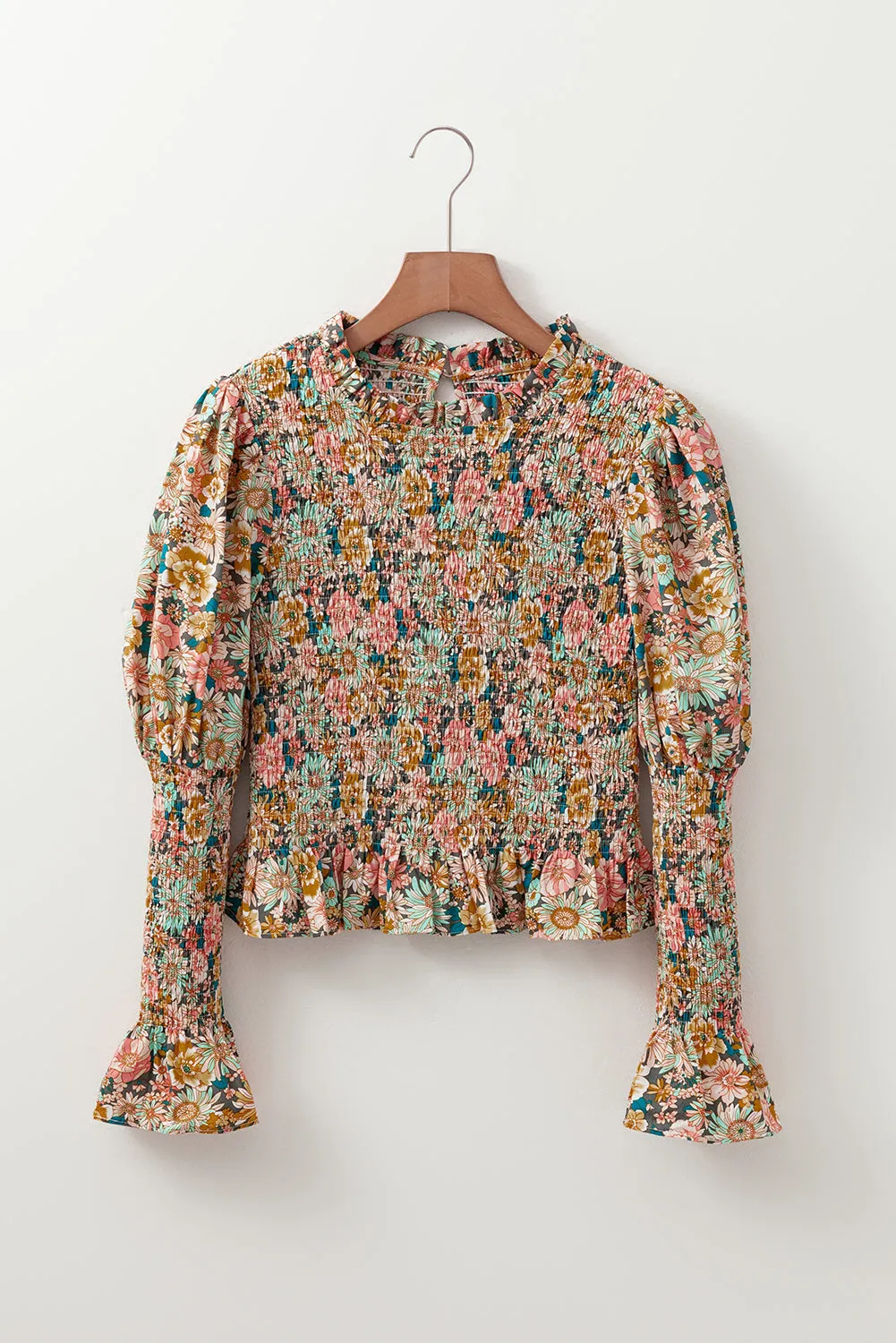 Yellow Floral Print Smocked Bubble Sleeve Ruffled Crop Top